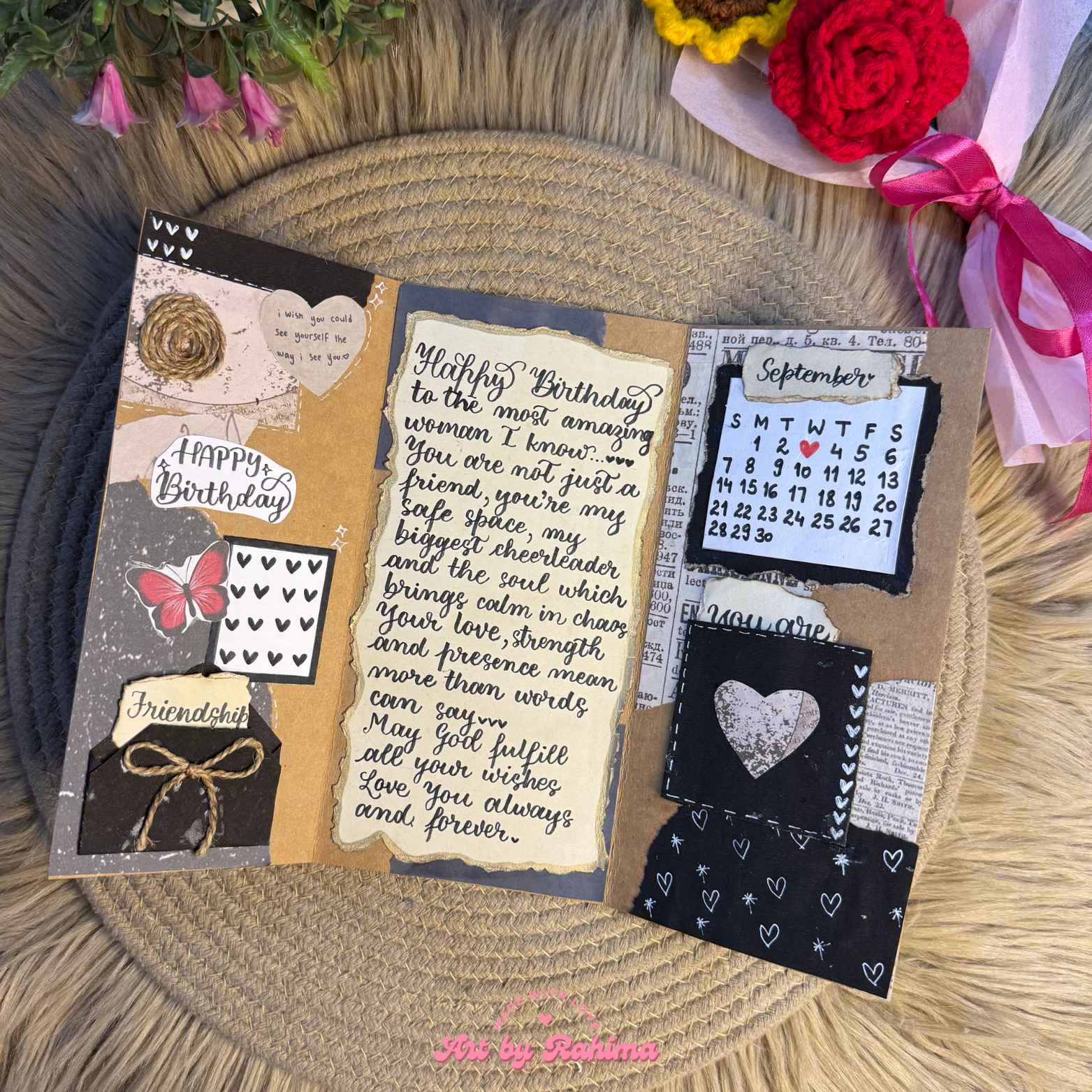 Close-up of handmade vintage style trifold card with elegant detailing