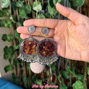 Silver Rose Petals Preserved Jhumkas | Handmade Resin Earrings