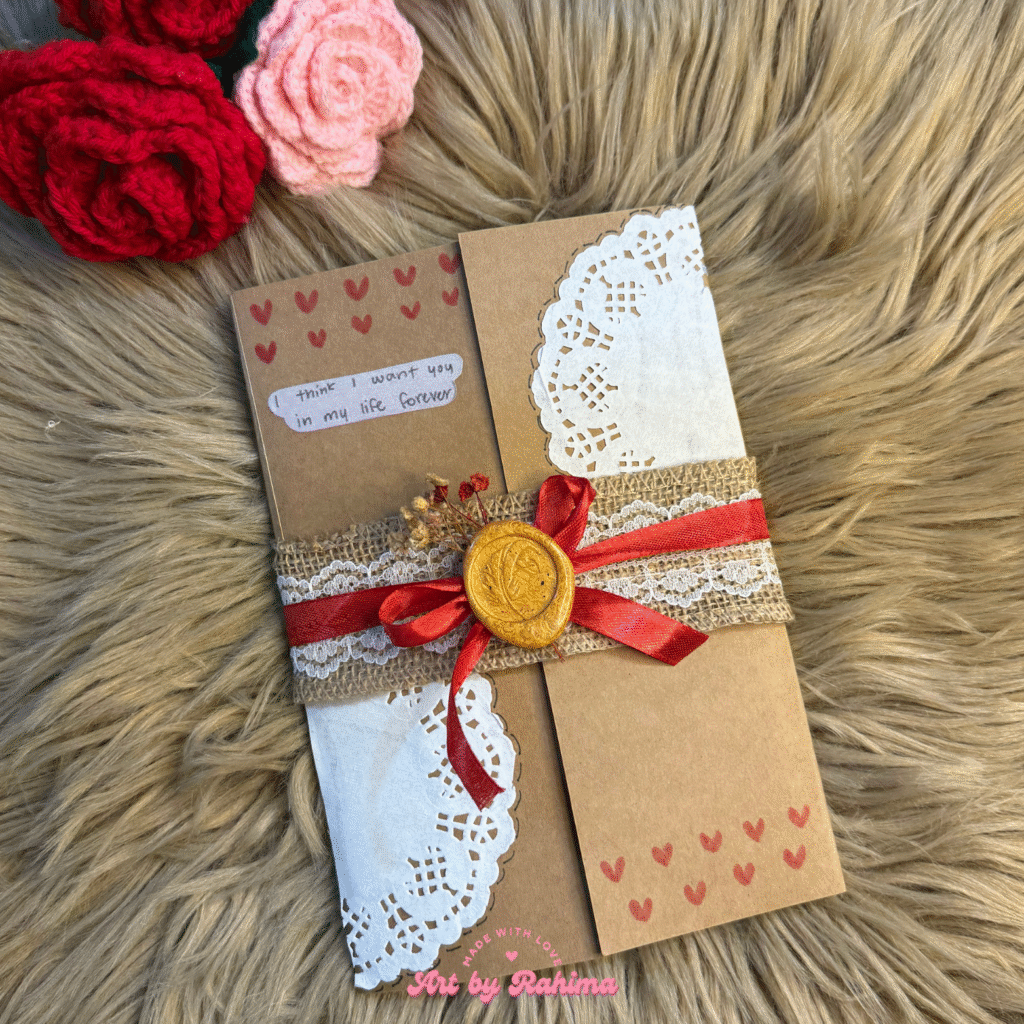 Handmade vintage flap card with printed letters and Polaroids