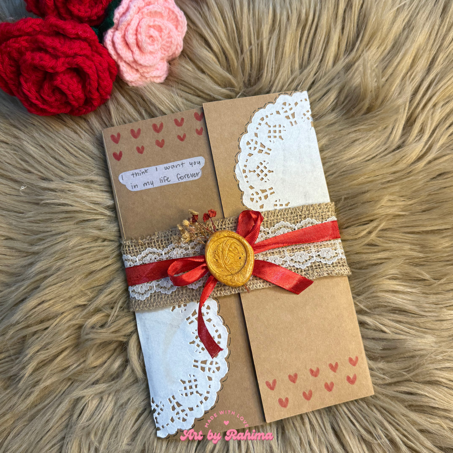 Handmade vintage flap card with printed letters and Polaroids