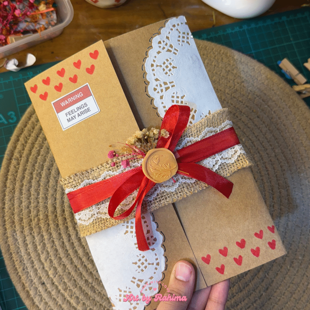 Close-up of vintage flap card showing printed letters and Polaroids