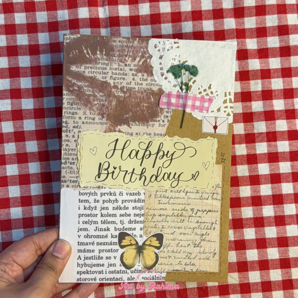 Customized vintage style card with letter, photos, and marked calendar date