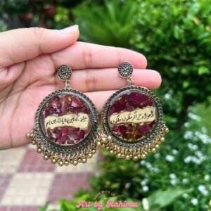 Aesthetic Vintage Style Jhumkas with Urdu Text | Rose Petals Preserved Resin Earrings