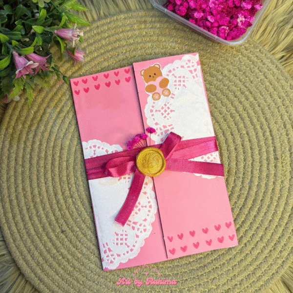 Handmade Pink Pookie theme flap card with letters and Polaroids