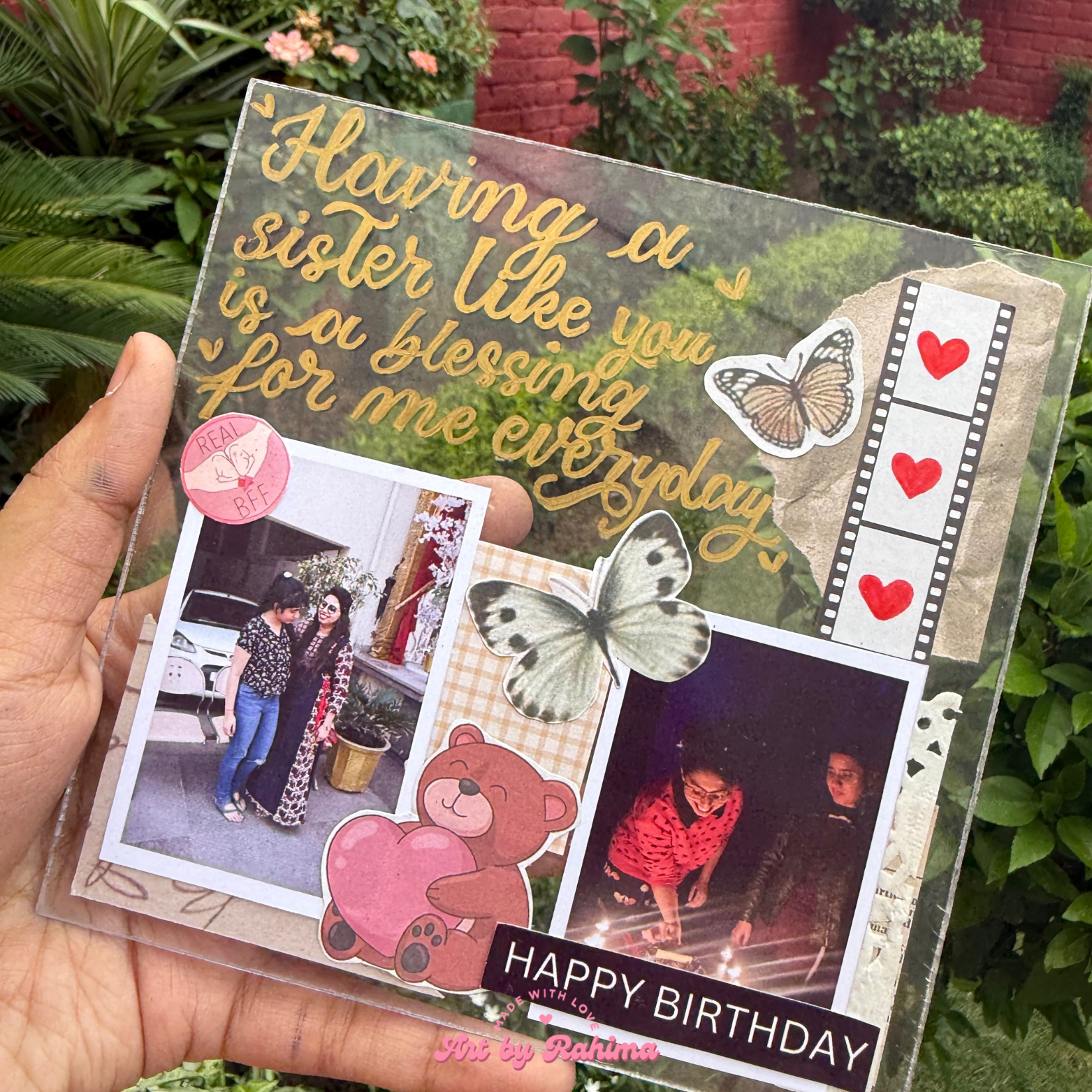 Transparent handmade acrylic card with custom text and photos