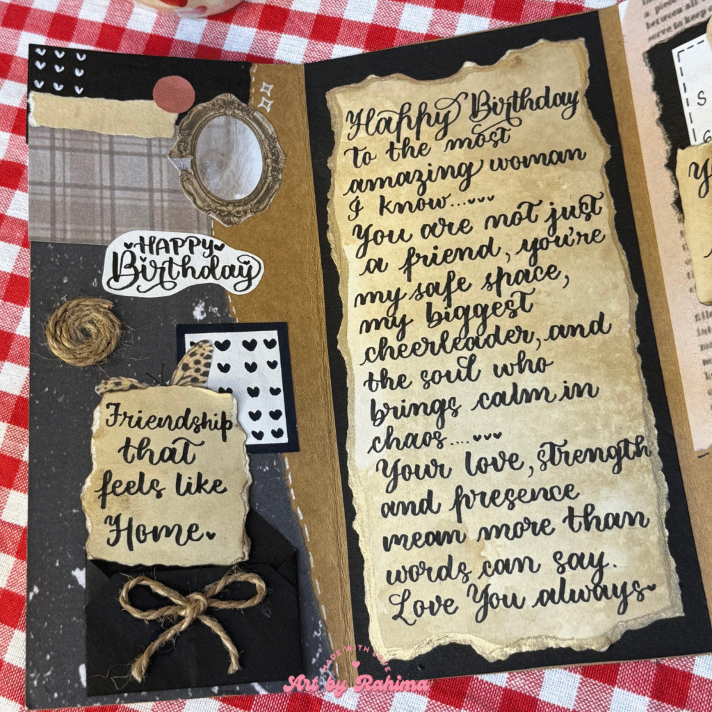 Open view of vintage trifold card with personalised notes and quotes