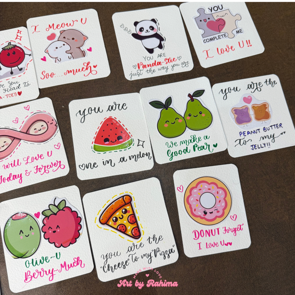 Flat lay of assorted cute cards with decorative props
