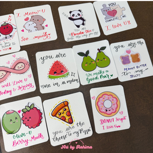 Flat lay of assorted cute cards with decorative props