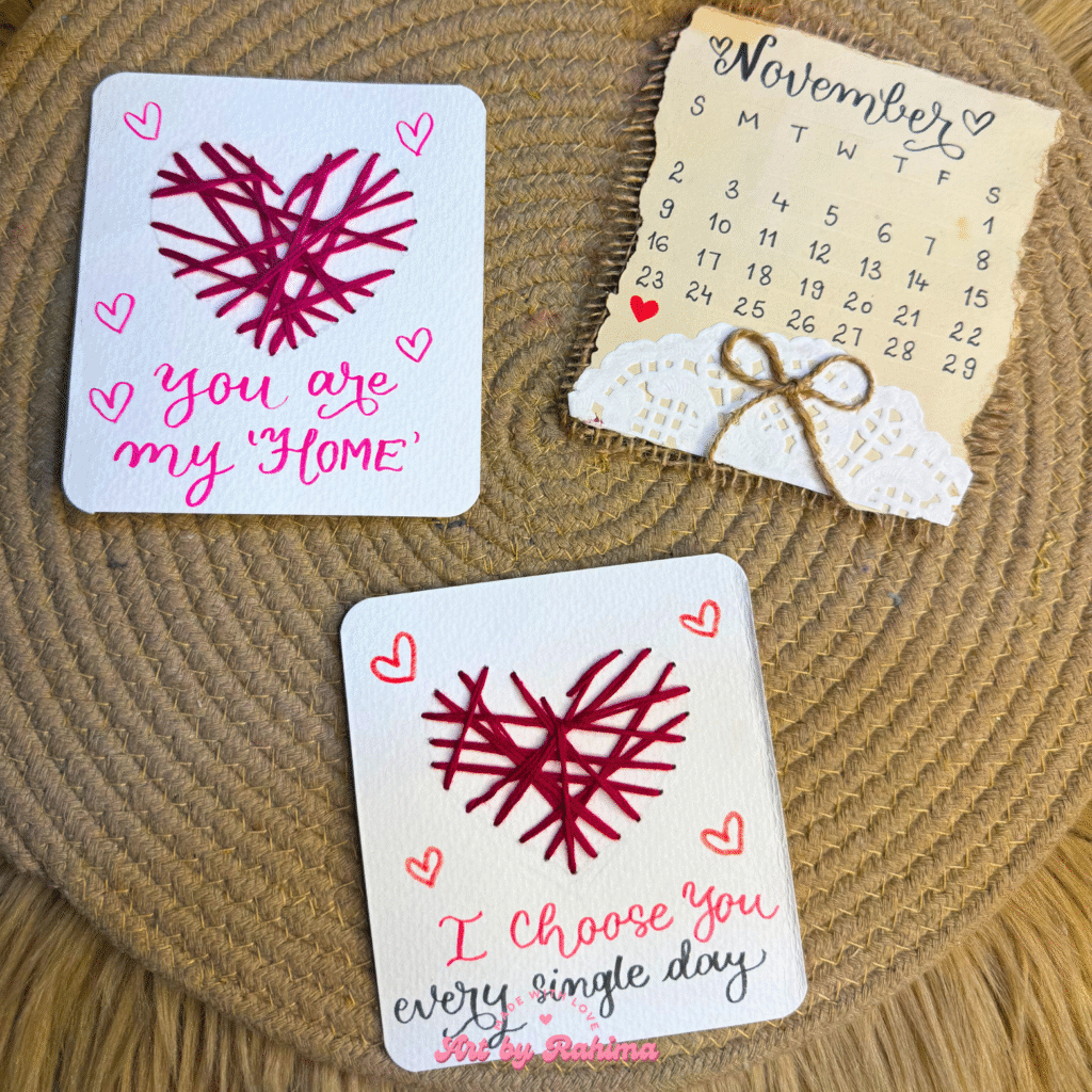 Close-up of heart embroidery card with custom text