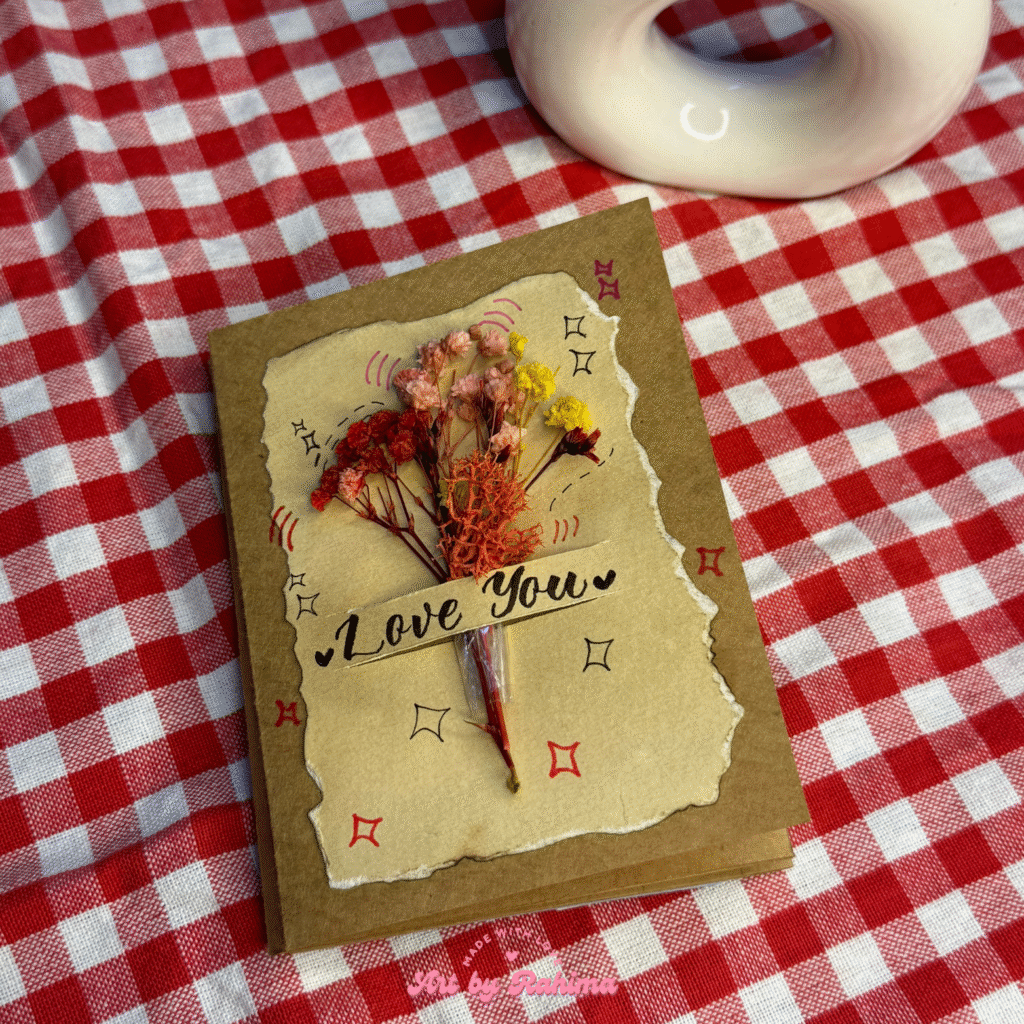 Flat lay of handmade zigzag card fully opened with photos and text
