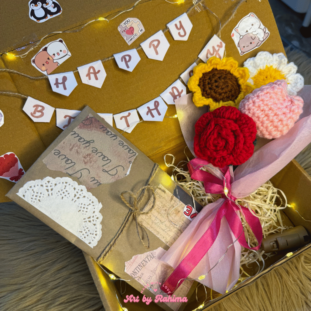 Letter and crochet bouquet hamper decorated with lights, ready for gifting