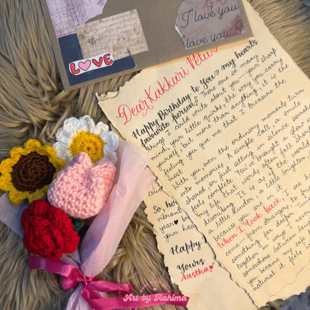 Close-up of personalized letter and crochet bouquet in the hamper