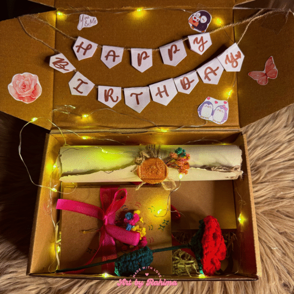 Decorated hamper with letter scroll, trifold card, surprise card, and crochet rose