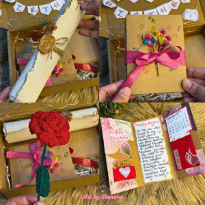 Letter Scroll, Trifold Card & Crochet Rose Hamper | Decorated Hamper with Lights