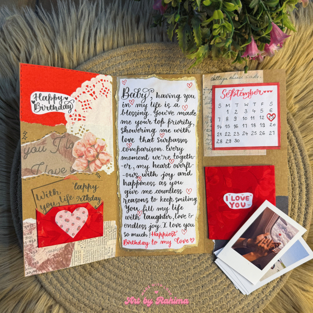 Handmade trifold letter card with Polaroids and three folding panels