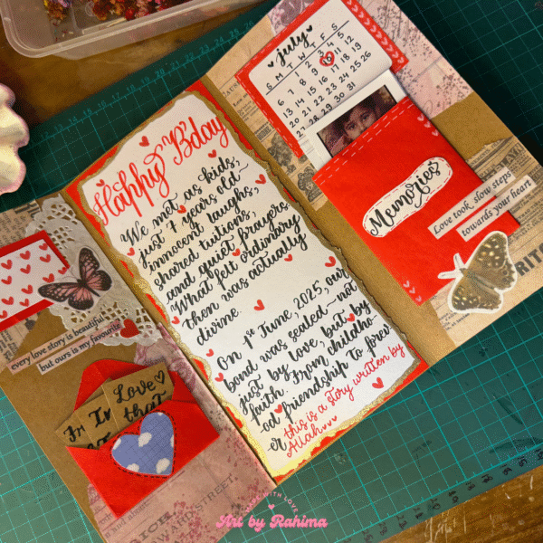 Open trifold letter card with Polaroids and handwritten notes