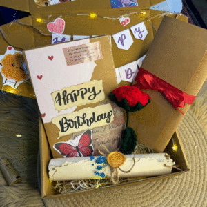 Handmade decorated hamper with letter scroll, trifold card, surprise card, and crochet rose
