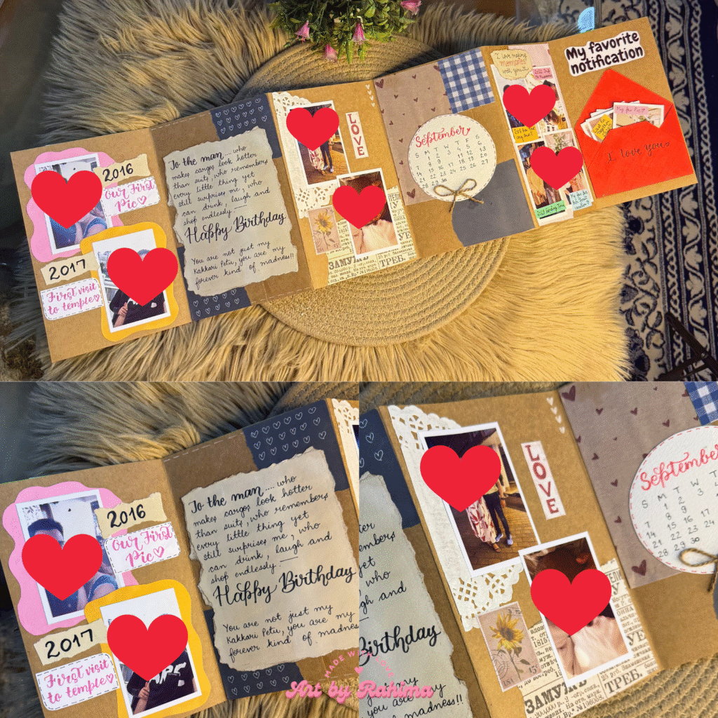 Large 6-page handmade zigzag card fully opened with photos and notes