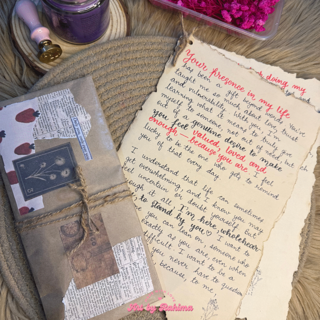 Vintage handwritten letter tied with ribbon for gifting