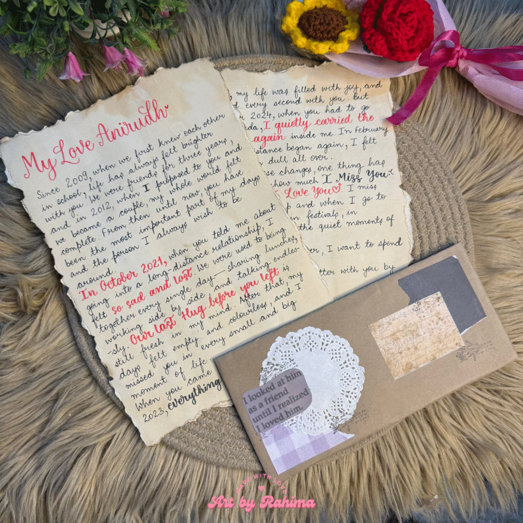 Vintage handwritten letter with envelope styled in a decorative flatlay