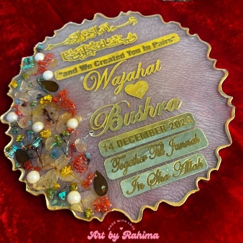 Personalised floral resin wedding plaque with wooden stand