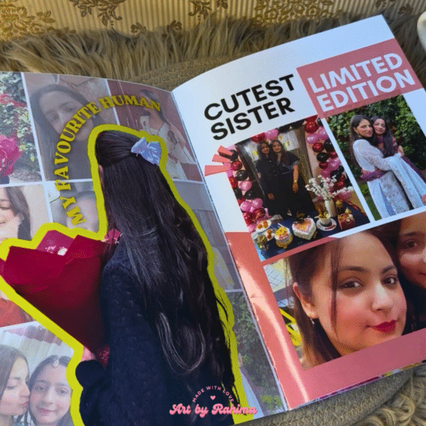 Open custom magazine showing photos and text inside pages