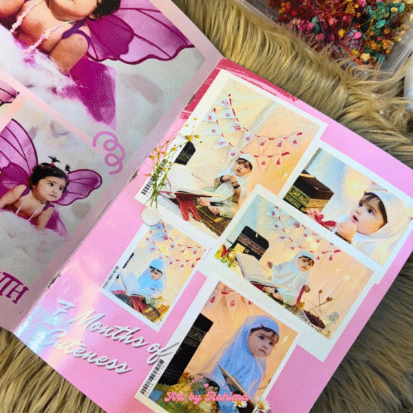 Close-up of custom magazine page with photos and captions