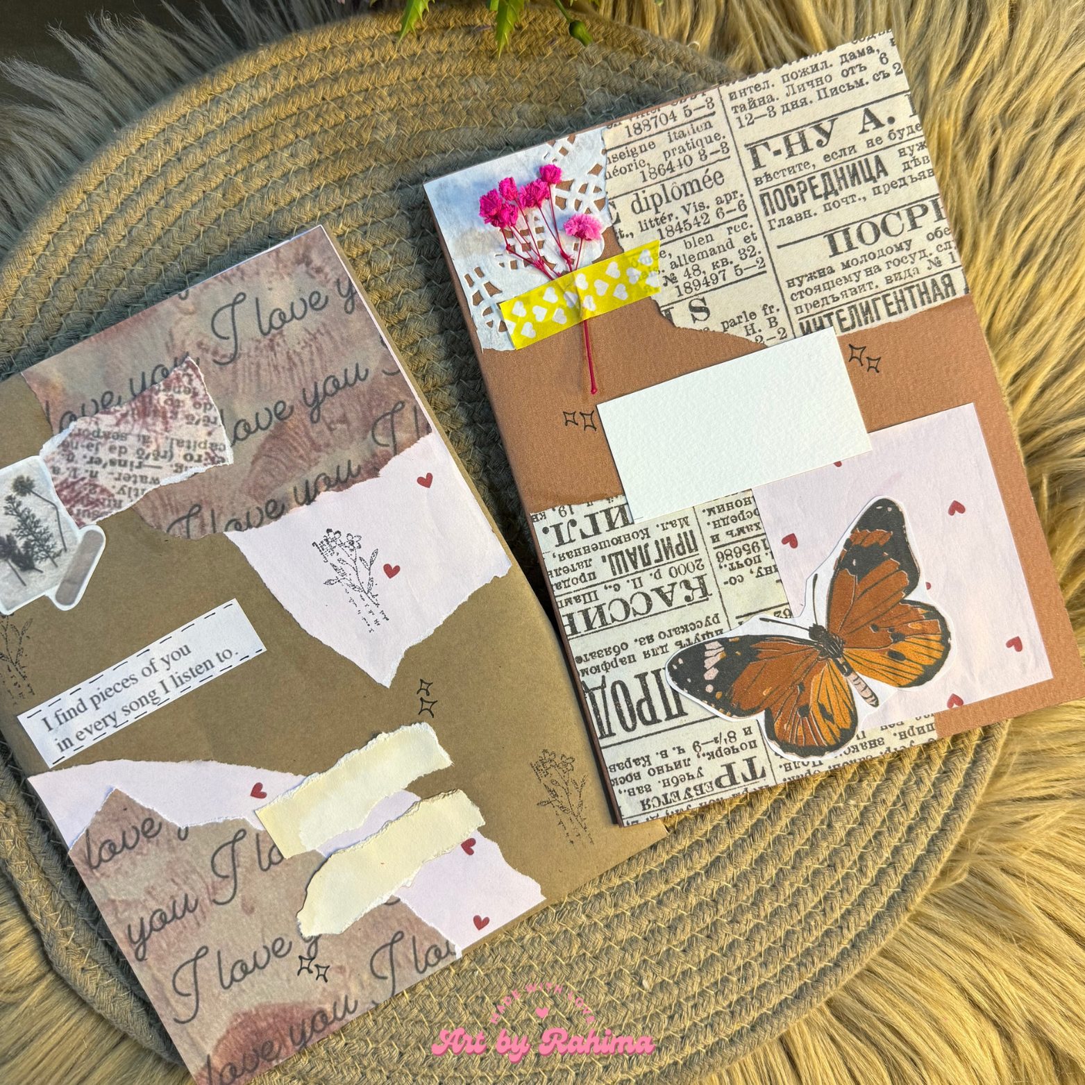 Blank handmade vintage style card with decorated envelope