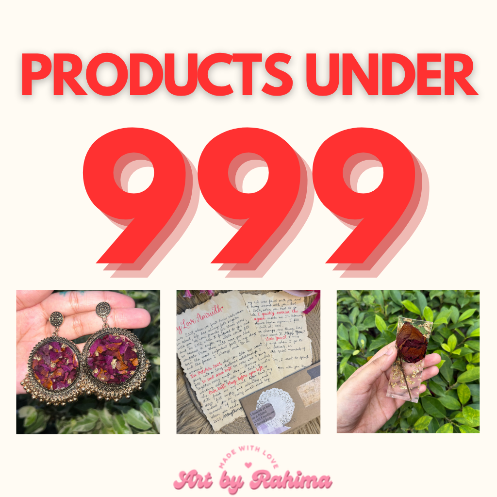 Luxury handmade resin jewelry under ₹999 — elegant floral resin earrings, necklaces, coasters, and keepsakes crafted by Art by Rahima.