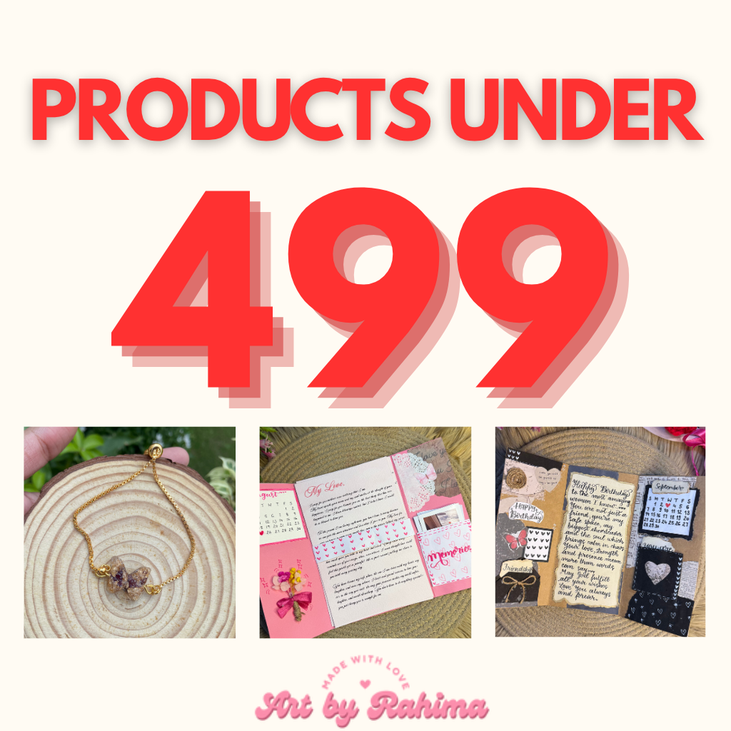 Handmade resin jewelry under ₹499 — premium floral earrings, bracelets, pendants, and resin keepsakes crafted by Art by Rahima.