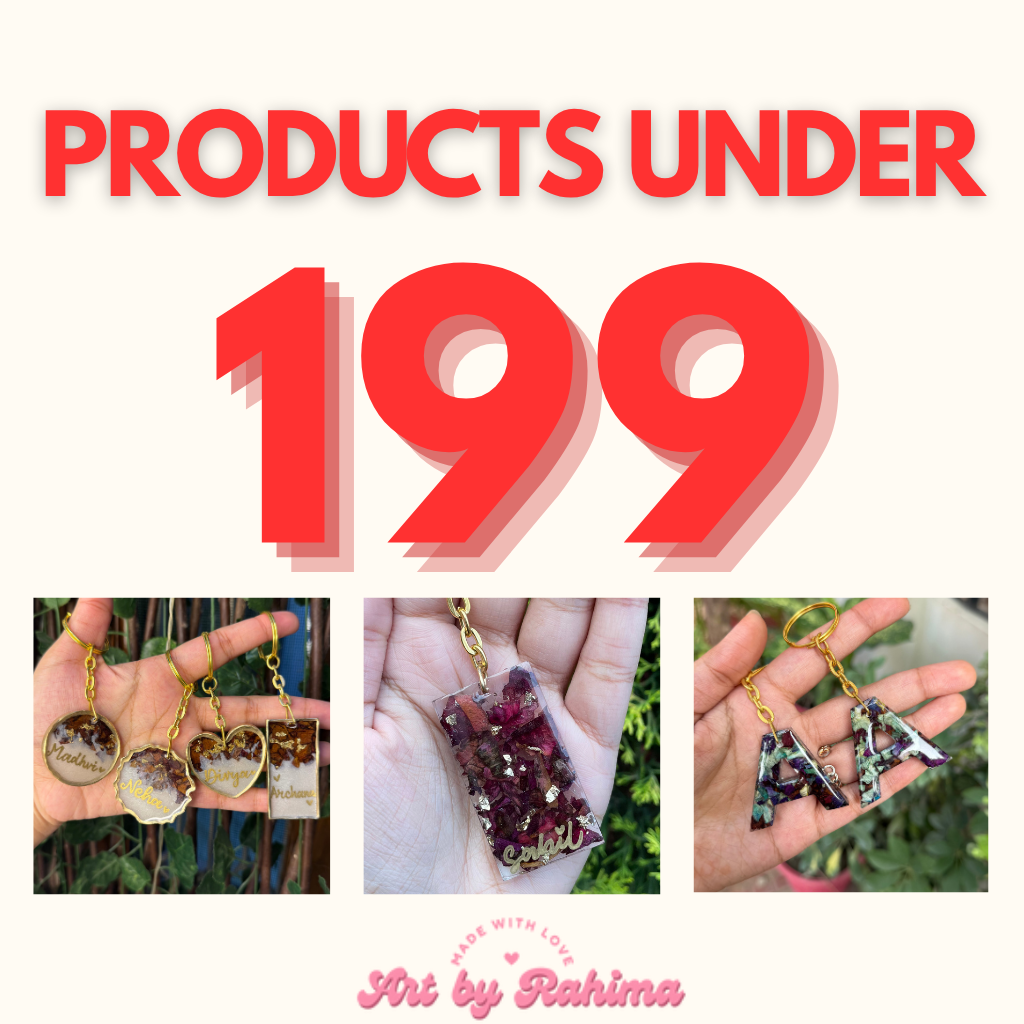 Handmade resin jewelry under ₹199 — elegant floral resin earrings, pendants, bookmarks, and keychains designed by Art by Rahima.