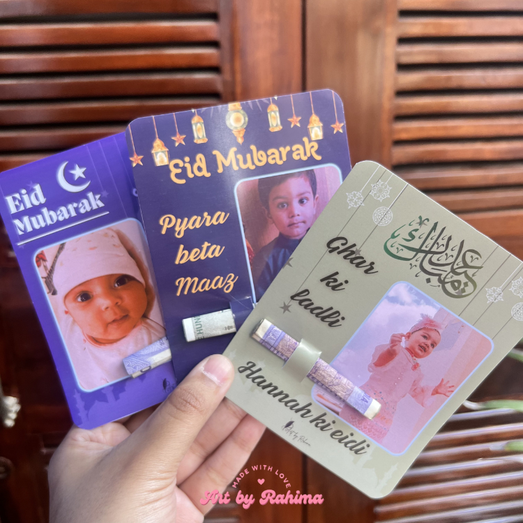 Close-up of personalised Photo Eidi card with name and photo